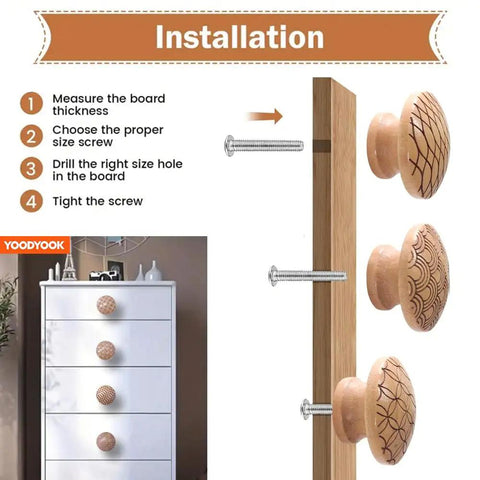Installation guide for Handmade Mushroom Wood Cabinet Knobs 4 Pack With Unique Engraved Patterns Round Drawer Pulls