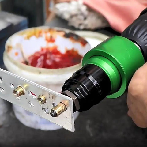 Transform Your Drill Into A Riveter With This Killer Adapter Kit Including Mandrels And Nuts For Effortless Fastening On Any Heavy Duty Project Right Now, green drill riveter adapter on metal sheet