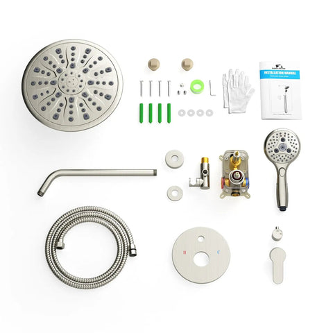 Rainfall Shower System With 7-Setting Handheld, brushed nickel finish, complete faucet set components and installation kit