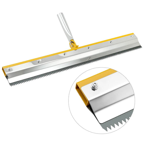 Self Leveling Cement Tool Kit With 9 Inch And 20 Inch Spike Rollers, Scraper, And Spiked Shoes For Cement, Mortar And Floor Leveling, Pro Grade Gear For Smooth, Level Surfaces - Detail of stainless steel scraper with serrated edge
