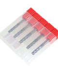 Five carbide square-end end mills, 3/16 in, 4-flute, straight shank, 2 in length, in clear plastic case with red caps.