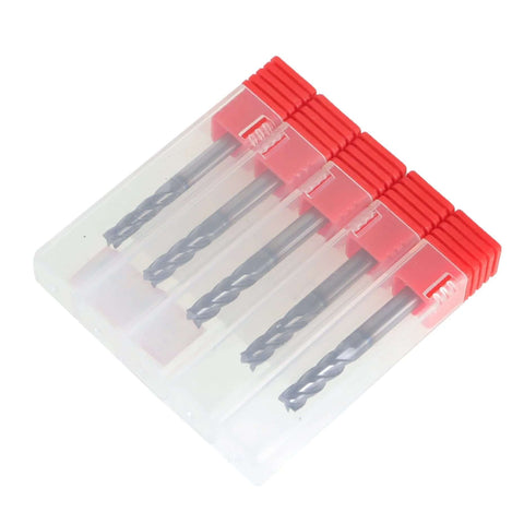 Five carbide square-end end mills, 3/16 in, 4-flute, straight shank, 2 in length, in clear plastic case with red caps.