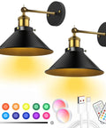 Black Battery Operated Wall Sconce Set Of 2 Industrial Wireless Rechargeable Wall Lights No Wiring With Auto Timer And Dimmable RGB Remote