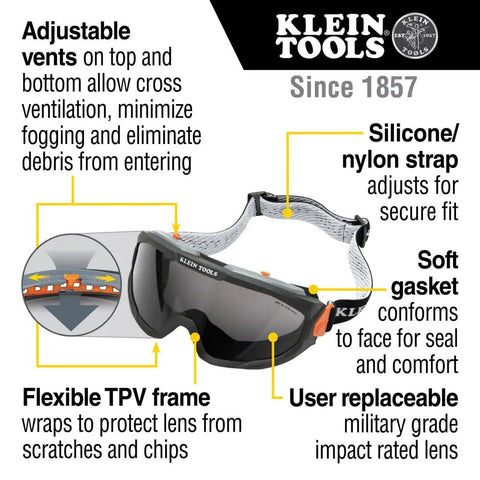 Tinted Safety Goggles With Anti Fog Lens For Pro Grade Eye Protection, Scratch Resistant UV Shield, Adjustable Vents, ANSI Z87.1 Plus