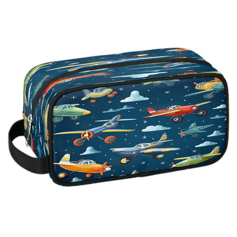 Cartoon Airplane Makeup Bag with vibrant airplane design on navy polyester, 10.5x4.4x5.3 in, ideal for travel cosmetics and toiletries.