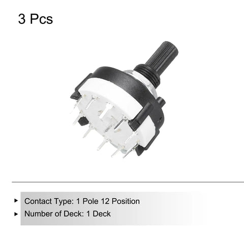 1 Pole 12 Position Rotary Switch Band Selector 1 Deck Pack Of 3 for TV, Radio, and Home Projects, black knob, silver contacts