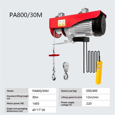 Heavy Duty Electric Hoist 1450W Steel Wire Winch With Remote Control Single Cable Lifter showing red housing and remote.