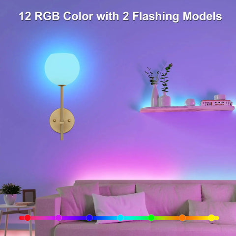 Gold Wireless Wall Sconces Set Of Two With Rechargeable Battery And Remote Features Three Tunable Color Temperatures Plus Twelve Rgb Modes For Chill Bedroom Or Hallway Ambience No Drills Needed And Super Fast Setup illuminating a cozy sofa.