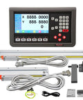 Heavy Duty Dro Kit For 12X40 Inch Metal Lathe With Glass Linear Scale And Dead On One Micron Accuracy Lcd Display Featuring Built In Rpm Hall Sensor Plus Drop In Usa Mounting Bracket showing LCD display and components.