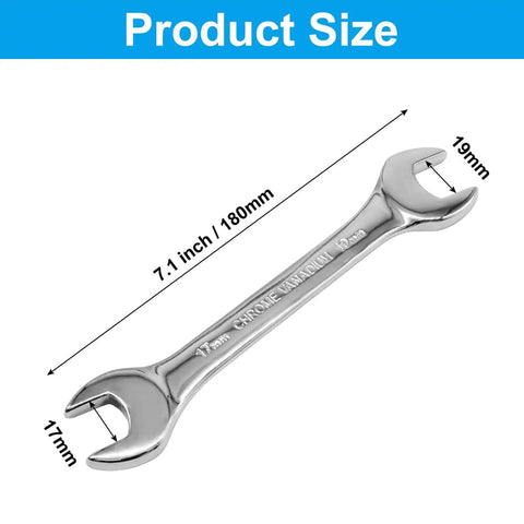 Ultra Slim Dual Size Open End Wrench 17mm 19mm Metric Spanner For Tight Spaces And Hard To Reach Fasteners, Carbon Steel Hand Tool Built For Workshop Vehicle And Machine Repair.