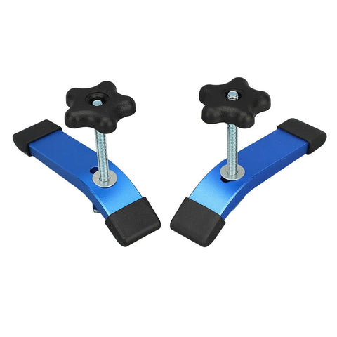 Awesome 2 Set Aluminum T Slot Clamps With M8 Handle For Woodworking, Non-Marring Pads, 6063 T5 Aviation Grade, showing blue clamps with star-shaped handles.