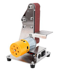 Mini 3 In 1 Belt Sander And Benchtop Grinder With Seven Speeds For Smooth Wood Sanding Metal Polishing And Fast Blade Sharpening A No Sweat Shop Essential on a silver base with a yellow motor.