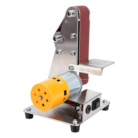 Mini 3 In 1 Belt Sander And Benchtop Grinder With Seven Speeds For Smooth Wood Sanding Metal Polishing And Fast Blade Sharpening A No Sweat Shop Essential on a silver base with a yellow motor.
