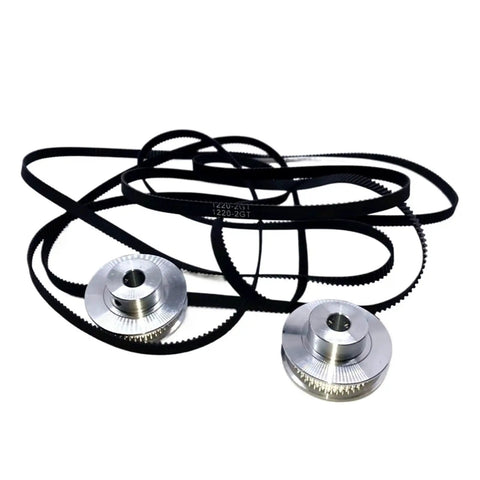 Upgrade Your 3D Printer With This 2Pcs 50 Tooth 8mm Bore Timing Pulley And Two Long 1220mm GT2 Belts For Smooth High Speed Printing Action, two silver pulleys and black GT2 belts