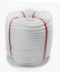 Heavy Duty Nylon Rope Seven Eighths Inch By One Hundred Feet White Rope For Anchoring, Tree Work, Cargo Hauling, DIY Projects And Outdoor Use, UV Moisture And Abrasion Resistant Cord Built Tough coiled and secured with red bands.