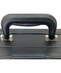 Handle detail of Premium Black Expanding Document Portfolio With Secure Combination Lock And Roomy File Compartments Slick Vinyl Business Carry Case.