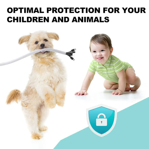 Dog holding cable near a baby, highlighting pet proof and child safe 2 Pack 5 Foot Cable Sleeve For Desk Cord Management And Wire Hider Tubing