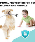 Dog holding cable in mouth next to crawling baby, promoting White Cable Sleeve Kit as pet proof and child safe wire management solution.