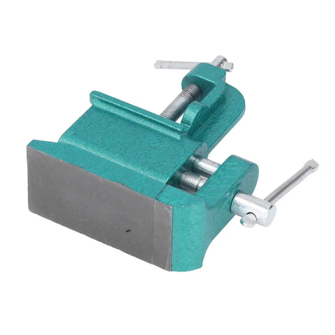Heavy Duty Iron Bench Vise With Wide Jaw Clamps For Rock Solid Woodworking And Metalworking Holddown Tool close-up view, showing serrated jaws and clamp features.