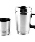 Food grade stainless steel cups, one with handle, designed for use with 12V Car Electric Kettle on road trips.