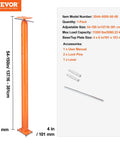 VEVOR orange steel floor jack post with base plate for leveling; includes lever, 2 lock pins, and user manual.
