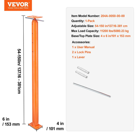 VEVOR orange steel floor jack post with base plate for leveling; includes lever, 2 lock pins, and user manual.