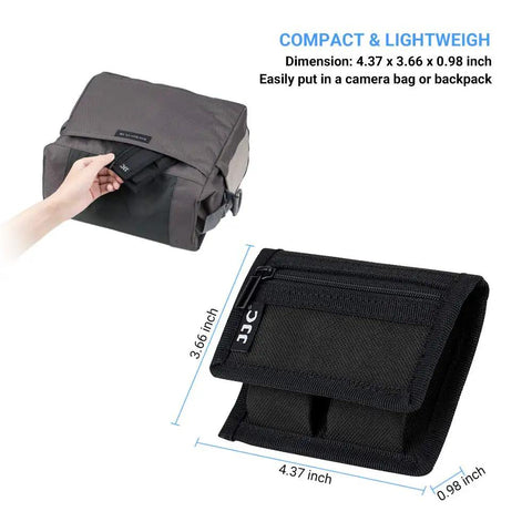 Hand holding DSLR Battery And Memory Card Holder Pouch With 3 Pockets For On The Go Photogs, dual battery slots and zipper pocket