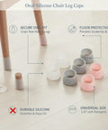 Beefy Silicone Oval Chair Leg Caps For Hardwood And Tile Floors Sturdy Glide Pads To Protect Furniture From Scratches Easy Snap On Fit And Built To Last 1 Pack displayed with various colors and leg fitting demonstration.