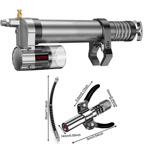 Grease Gun Adapter For Cordless Drills And Impact Drivers Turns Pneumatic Tools Into Electric Grease Guns With Universal Coupler Head And Easy Battery Powered Conversion, shown with dimensions and parts layout