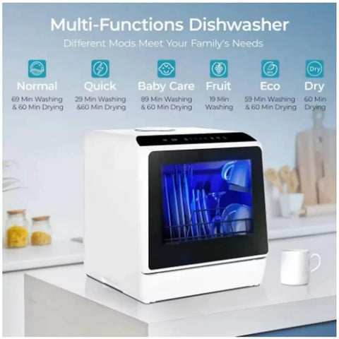 Totally Game Changing Compact Dishwasher With Built In Water Tank featuring visibility of utensils and cups inside, sleek design.