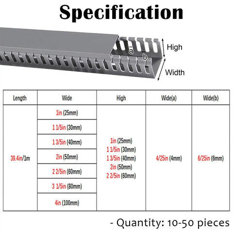 Specification of Open Slot Cable Management Raceway Kit With Cover For Under Desk Setup, PVC Wire Duct System, 39.4 inch length, various sizes.