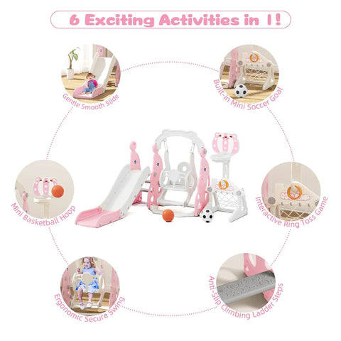 6-in-1 Tot Friendly Indoor Playground Set With Safe Plastic Slide Swing And Mini Basketball Hoop Adjustable Height For Toddlers