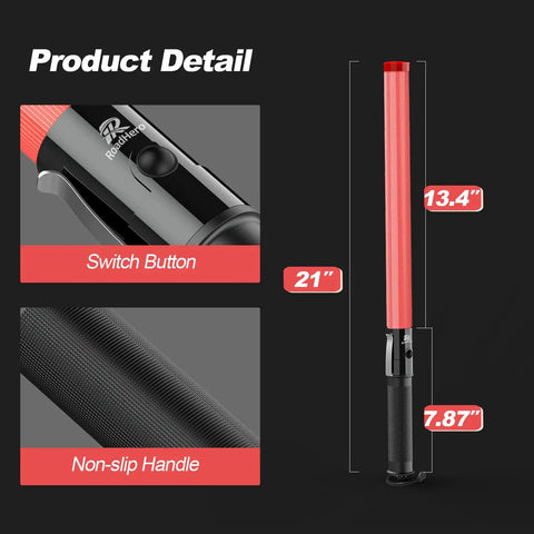 4 Pack 21 Inch LED Traffic Wands With Two Flashing Modes, Safety Light Baton With Side Clip, showing switch button and handle details.