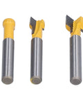 Pro Keyhole Router Bits Set 3 Pcs 1/4 Inch Shank T Slot Milling Cutters made from durable carbon steel with yellow handles.