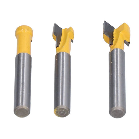 Pro Keyhole Router Bits Set 3 Pcs 1/4 Inch Shank T Slot Milling Cutters made from durable carbon steel with yellow handles.