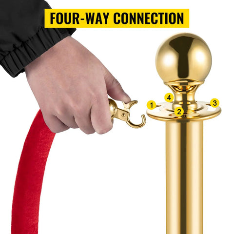 Velvet Rope Stanchion Set With Gold Posts And Ball Tops, 4 Piece Crowd Control Barriers, red velvet rope connection setup