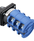 Built Tough Rotary Changeover Switch 63A 3-Position 1-0-2 Circuit With Center Off 12-Terminal Cam Selector, blue housing