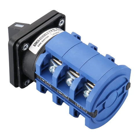 Built Tough Rotary Changeover Switch 63A 3-Position 1-0-2 Circuit With Center Off 12-Terminal Cam Selector, blue housing
