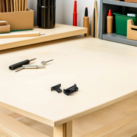 12 Pack Adjustable Cabinet Fasteners With Push In ABS Base And Panel Clips on wooden table with tools in background
