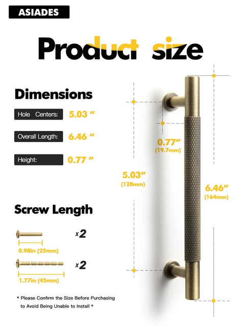 Dimensions of Antique Brass Knurled Cabinet Pulls 5 Inch Center To Center Solid Brass Dresser Drawer Handles shown with measurements.