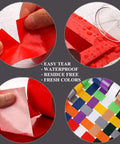Close-up of different colored duct tapes showing easy tear, waterproof feature, and color variety with focus keyword included.