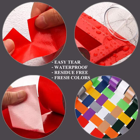 Close-up of different colored duct tapes showing easy tear, waterproof feature, and color variety with focus keyword included.