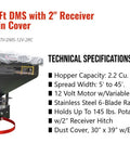 ATV UTV Dry Material Spreader 2.2 Cu Ft With 2 Inch Receiver Mount And Rain Cover 12V Motor, technical specifications shown