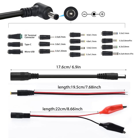 Adjustable Universal Power Supply Adapter 4A 144W Variable DC Output 3V To 36V With 14 tips, connectors, and test lead layout.
