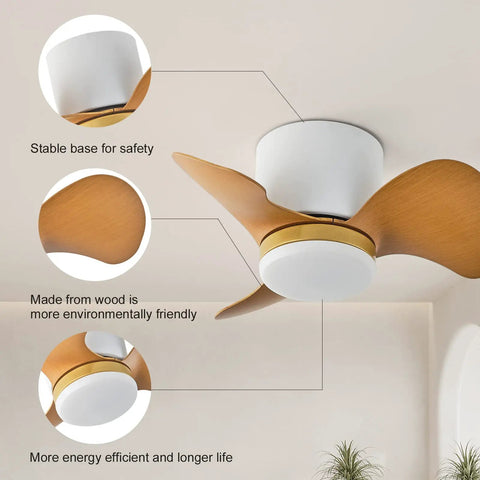 Low Profile Ceiling Fan With Lights And Remote 22 Inch Modern Reversible Multi Speed Flush Mount Ceiling Fan With 3 Color Temperature LED Lights displayed with wooden blades and stable base.