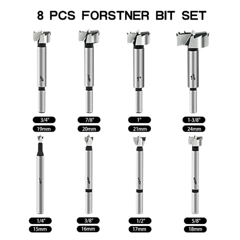 GMTOOLS 8‑pc Forstner bit set for wood; carbide bits with round shanks, sizes 1/4–1-3/8 in (15–24 mm)