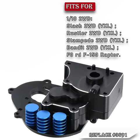 Heavy Duty Aluminum Transmission Case And Hop Up Gearbox For 1/10 Slash Rustler Stampede Bandit Ford F150 Raptor 2wd top view with fittings