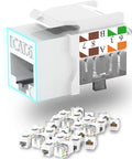 Cat6 Keystone Jack Slim 25 Pack, 90 Degree RJ45 Punch Down White, showing close-up of jack with wiring diagram and jacks below.