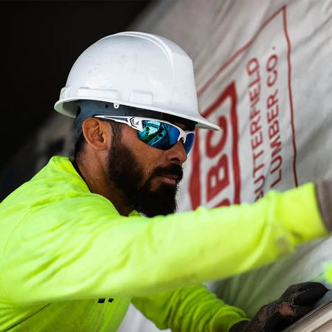 Worker wearing Khor G2 Polarized Wraparound Safety Glasses With Vapor Shield Go To Anti Fog Anti Scratch Non Slip Grip UV 400 Protection