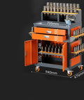 Heavy Duty Steel Workbench Featuring Lockable Drawers And Mobile Cart Base For Garage Or Workshop Storage Multi Tier Tool Station dimensions and tool organization view.